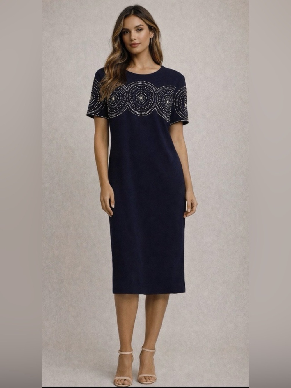 Navy Short-Sleeve Midi Dress with Metallic Dot Detail